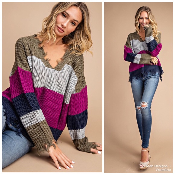 🥰LAST 1! DISTRESSED STRIPE COLOR BLOCK SWEATER - Picture 2 of 8
